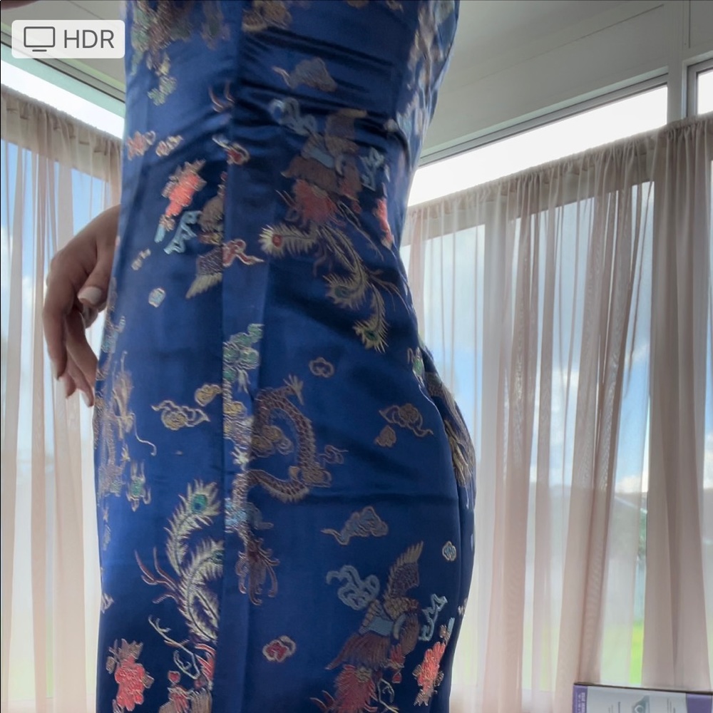 Chinese traditional dress chi-pao blue dragon elegant long dress festival